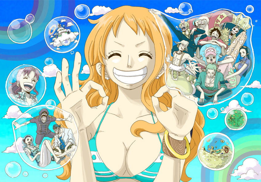 bellemere, bikini_top, blue_sky, bracelet, brook, bubble, character_request, cleavage