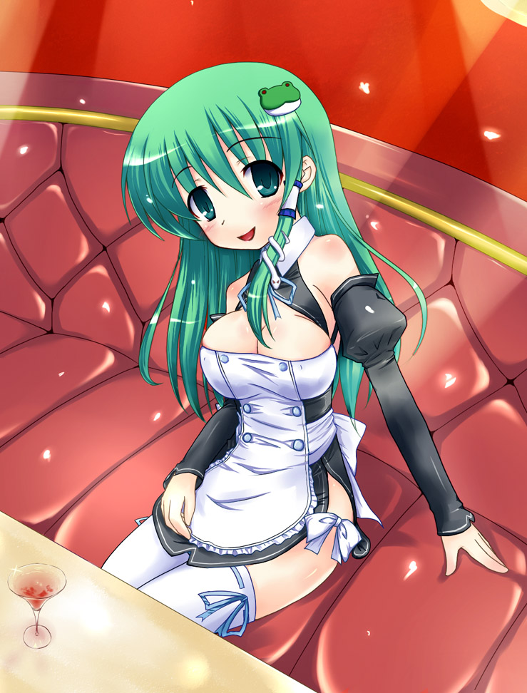 alcohol, breasts, cleavage, cocktail, cosplay, dream_c_club, drink, frog, futaba_riho, futaba_riho_(cosplay), green_eyes, green_hair, hair_ornament, kochiya_sanae, long_hair, snake, solo, thigh-highs, thighhighs, touhou, yashiro