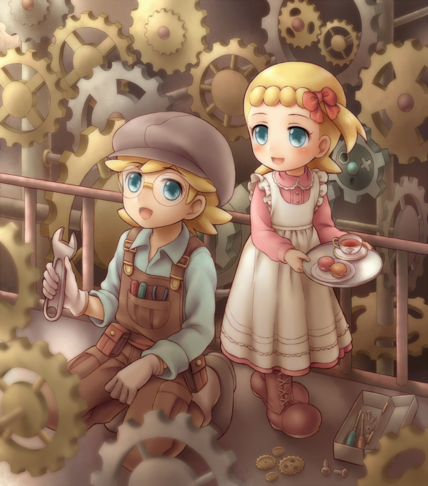1boy, 1girl, asymmetrical_hair, blonde_hair, blue_eyes, blush, boots, bow