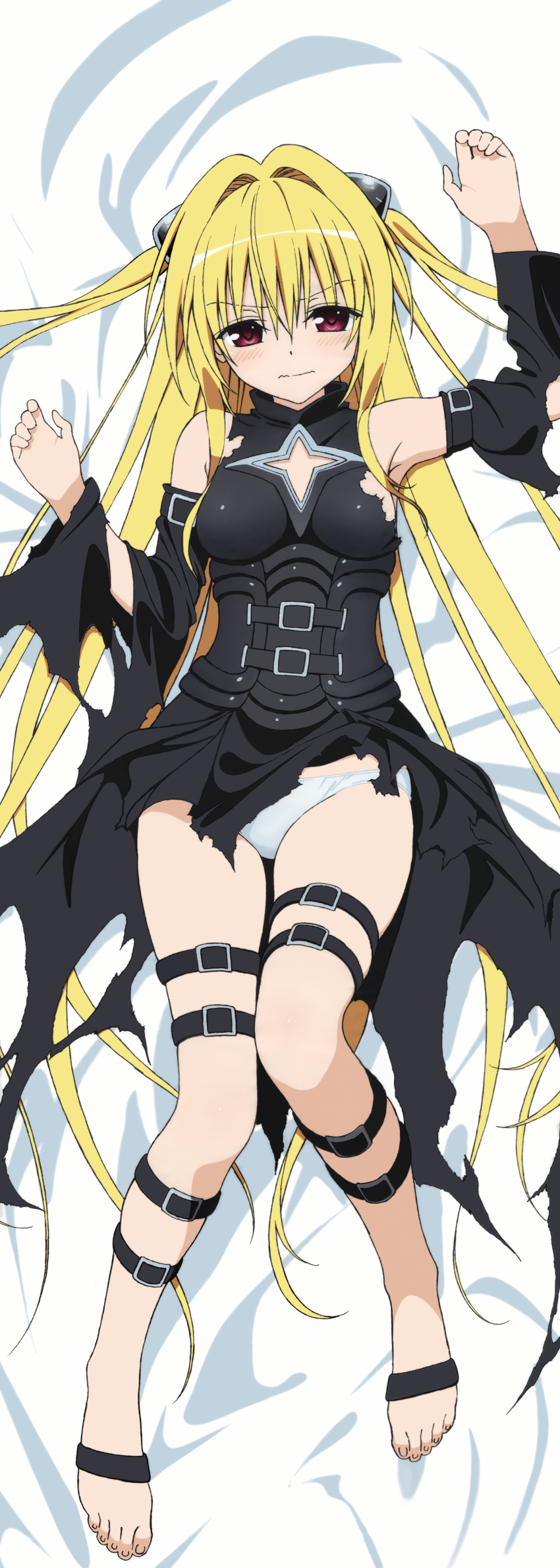 1girl, absurdres, barefoot, bed_sheet, blonde_hair, cleavage_cutout, dakimakura, detached_sleeves, dress, from_above, hair_ornament, highres, huge_filesize, konjiki_no_yami, long_hair, panties, red_eyes, solo, star_cutout, to_love-ru, to_love-ru_darkness, torn_clothes, torn_dress, torn_sleeves, underwear, white_panties