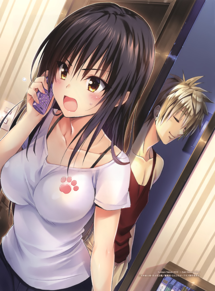 1boy, 1girl, artist_name, black_bra, black_hair, bra, brown_hair, closed_eyes, collarbone, highres, holding_phone, indoors, kotegawa_yu, kotegawa_yui, long_hair, open_mouth, shirt, short_hair, smile, spiky_hair, to_love-ru, underwear, white_shirt, yabuki_kentarou, yellow_eyes