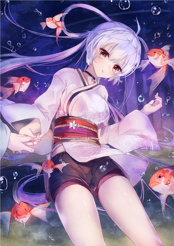 1girl, ahoge, air_bubble, blush, breasts, bubble, choker, fish