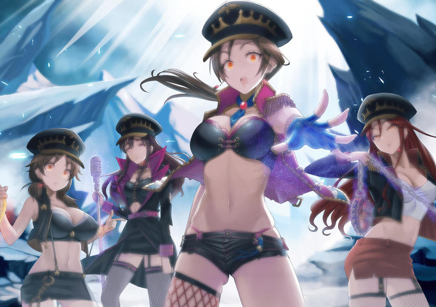 4girls, breasts, brown_hair, collar, dark_persona, epaulettes, fingerless_gloves, fishnet_legwear