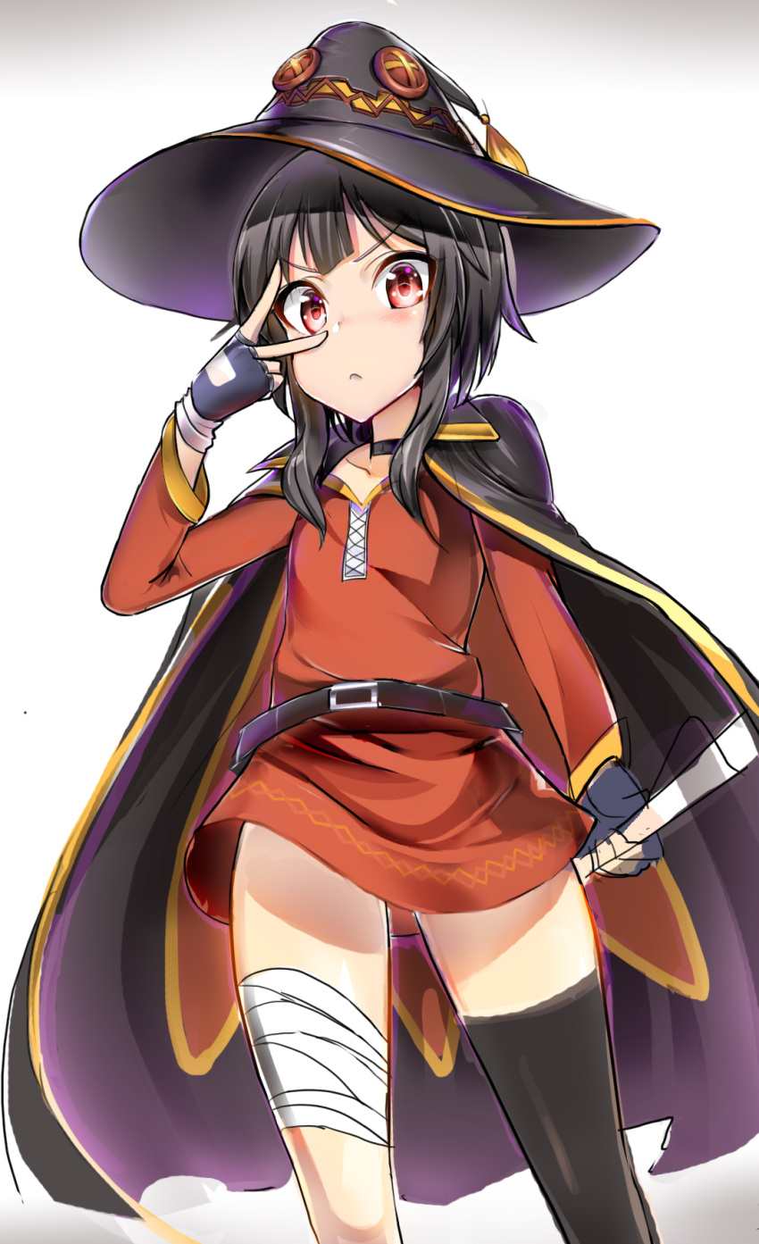 1girl, bandages, belt, black_hair, blush, cape, coda_(simon1995), fingerless_gloves
