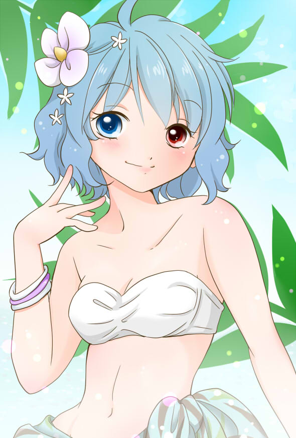 1girl, commentary_request, flower, hair_flower, hair_ornament, heterochromia, solo, swimsuit