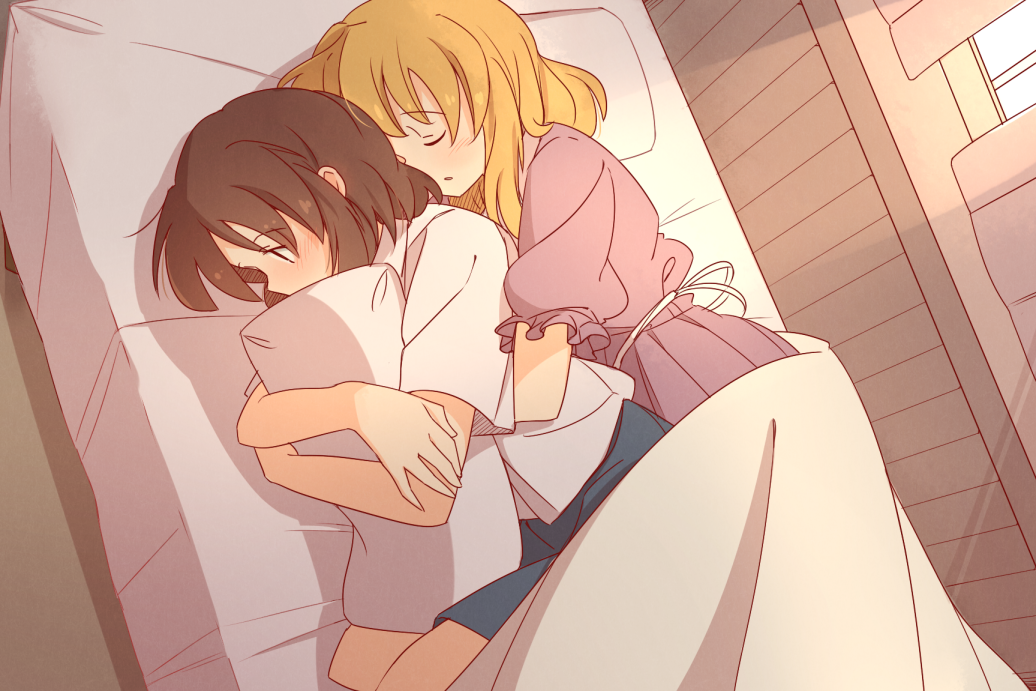 2girls, bed, blonde_hair, brown_hair, closed_eyes, dress, hug, long_hair