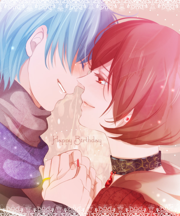 1girl, bad_id, choker, couple, hand_holding, happy_birthday, holding_hands, jewelry