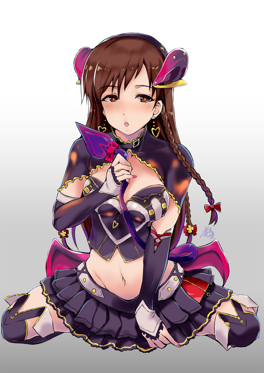 1girl, amari_yuki, breasts, brown_eyes, brown_hair, capelet, demon_girl, demon_horns