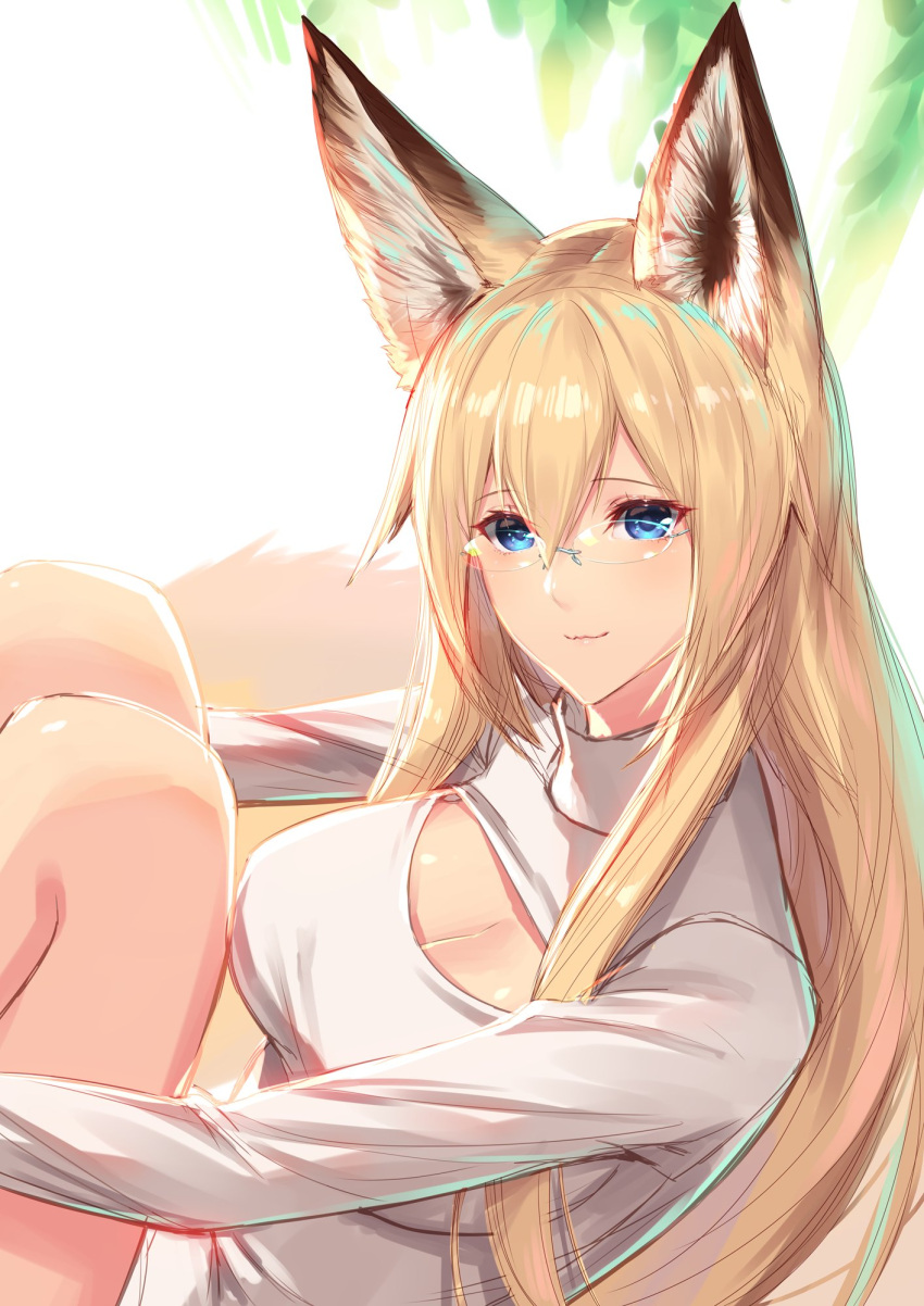 1girl, animal_ears, blonde_hair, blue_eyes, cleavage_cutout, fox_ears, glasses, highres