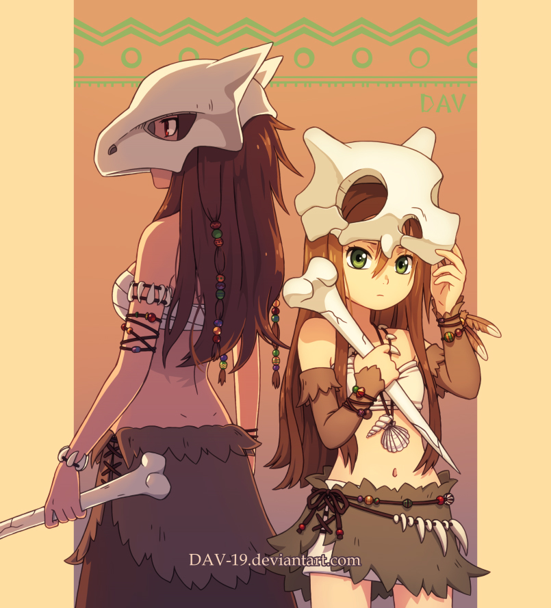 2girls, arm_warmers, back, bandeau, beads, bone, brown_hair, cubone