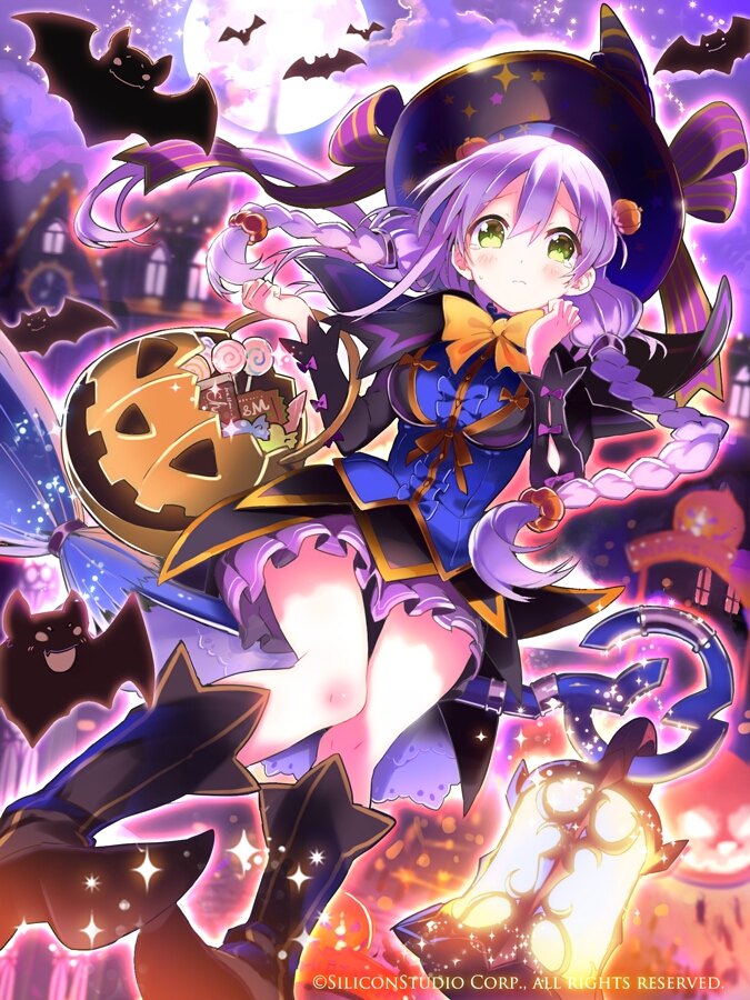1girl, bat, black_boots, blush, boots, bow, bowtie, braid, breasts, broom, broom_riding, closed_mouth, company_name, dutch_angle, english, fantasica, female, frown, full_moon, green_eyes, hair_between_eyes, halloween, hat, house, impossible_clothes, impossible_shirt, jack-o'-lantern, knees_together_feet_apart, lantern, light_particles, long_hair, moon, night, orange_bow, orange_bowtie, outdoors, pleated_skirt, purple_hair, purple_skirt, rassie_s, shirt, skirt, sparkle, twin_braids, watermark, witch_hat