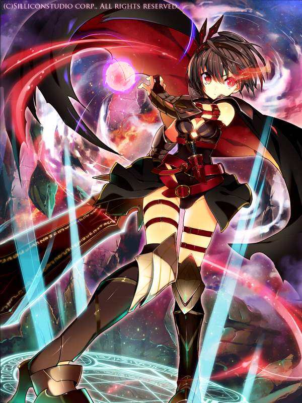 >:/, 1girl, armor, armored_boots, belt, black_hair, boots, breasts