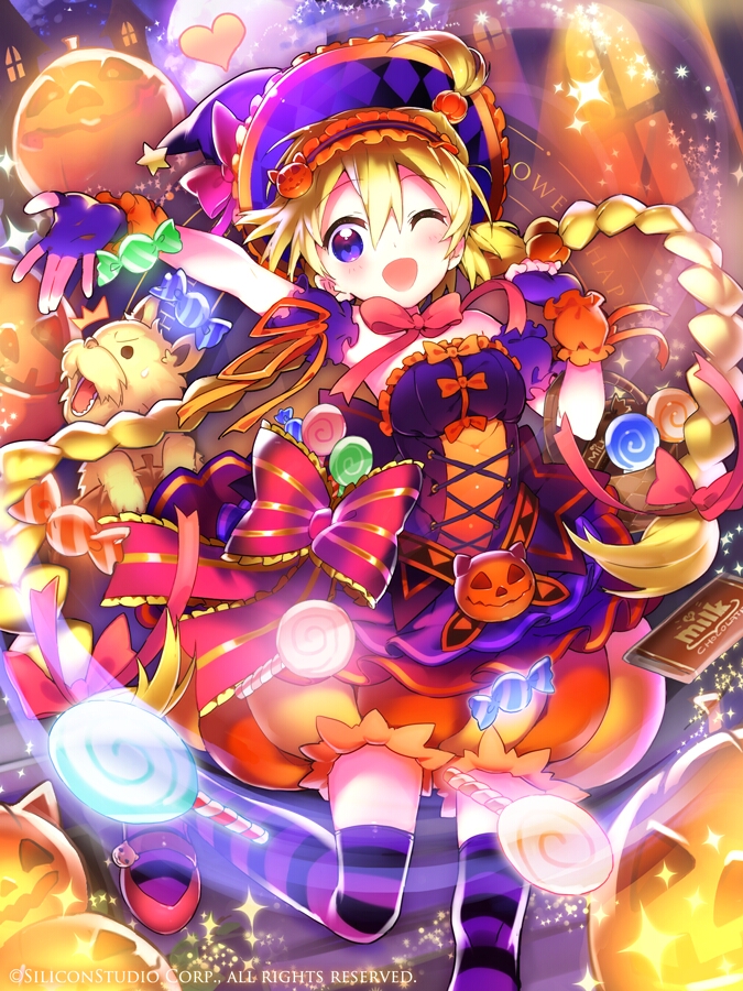 /\/\/\, 1girl, ;d, bow, braid, candy, chocolate_bar, company_name
