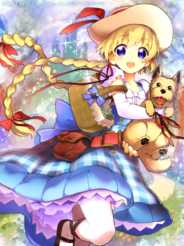 1girl, :d, basket, belt, blonde_hair, blue_bow, blue_eyes, blush