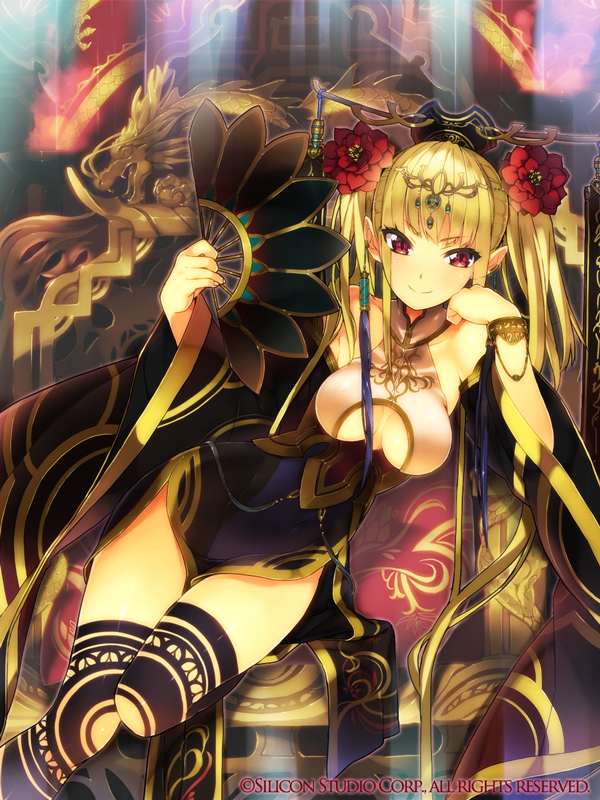1girl, bare_shoulders, blonde_hair, blush, bracelet, breasts, chair, chin_rest
