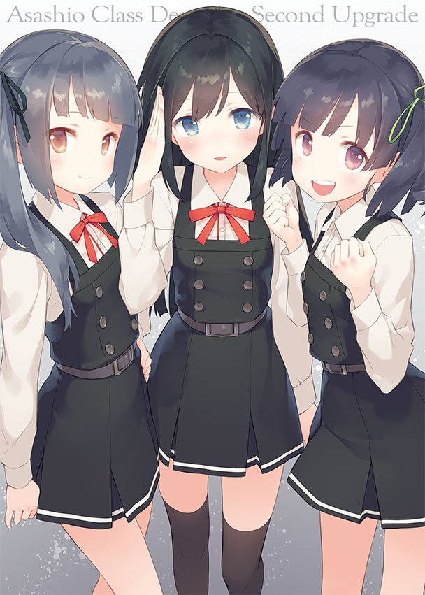 3girls, asashio_(kantai_collection), belt, black_hair, black_legwear, blouse, blue_eyes, brown_eyes