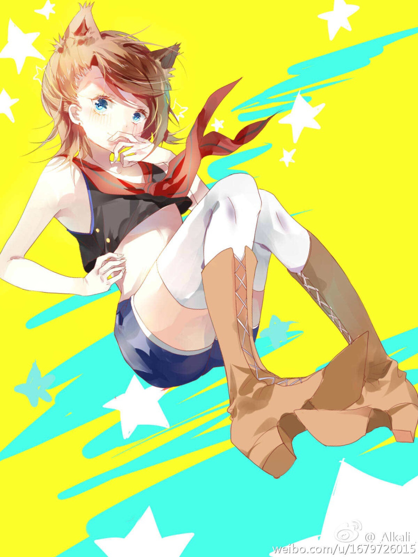 1girl, alkali, animal_ears, bangs, bare_arms, blue_eyes, blue_shorts, boots