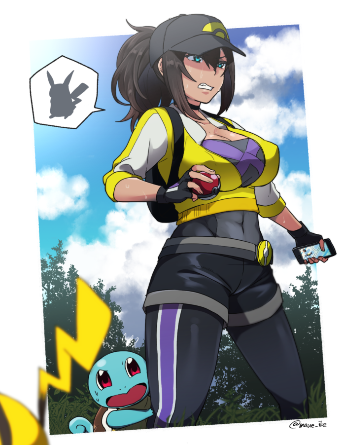 1girl, abs, bangs, baseball_cap, blue_eyes, brown_hair, cellphone, choker