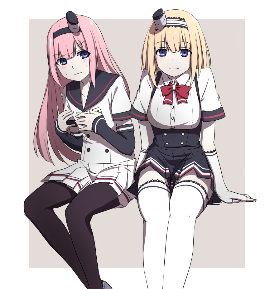 2girls, arm_support, bangs, black_skirt, blonde_hair, blue_eyes, blunt_bangs, blush