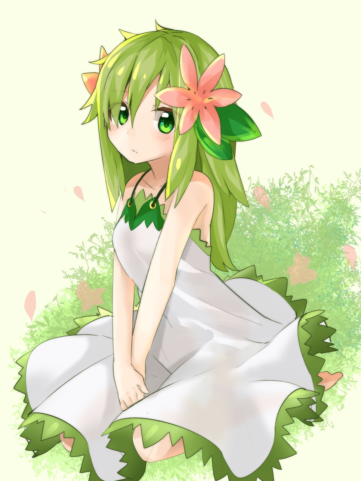1girl, blush, commentary_request, daifukumochi_(akaaokiiwo), dress, flower, grass, green_eyes