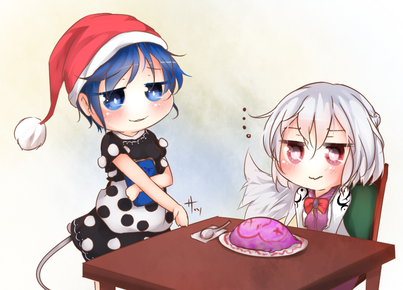 2girls, bikuseno, blue_eyes, blue_hair, book, chair, doremy_sweet, dream_soul