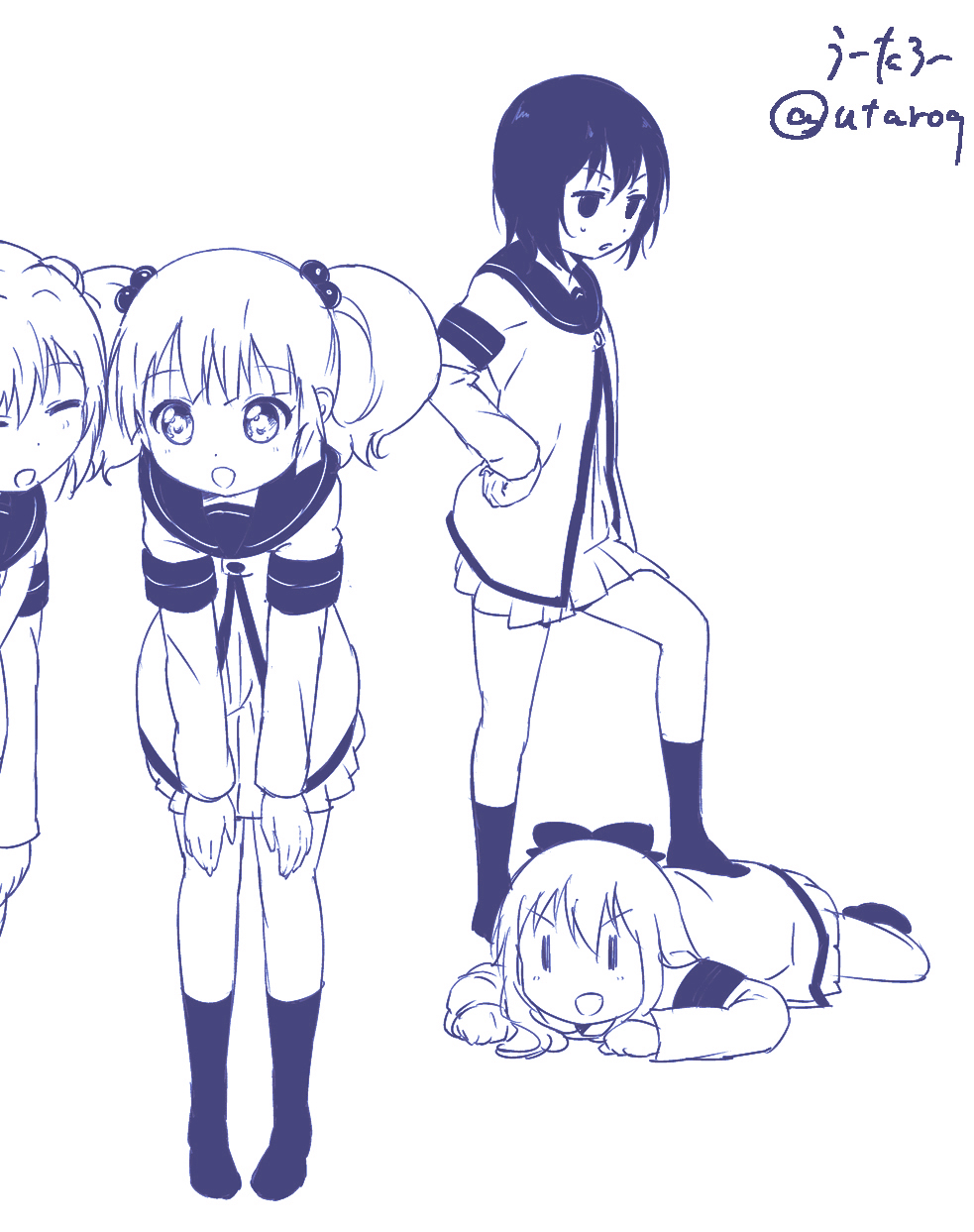 >:d, 4girls, :d, ^_^, akaza_akari, closed_eyes, foot_on_back, funami_yui