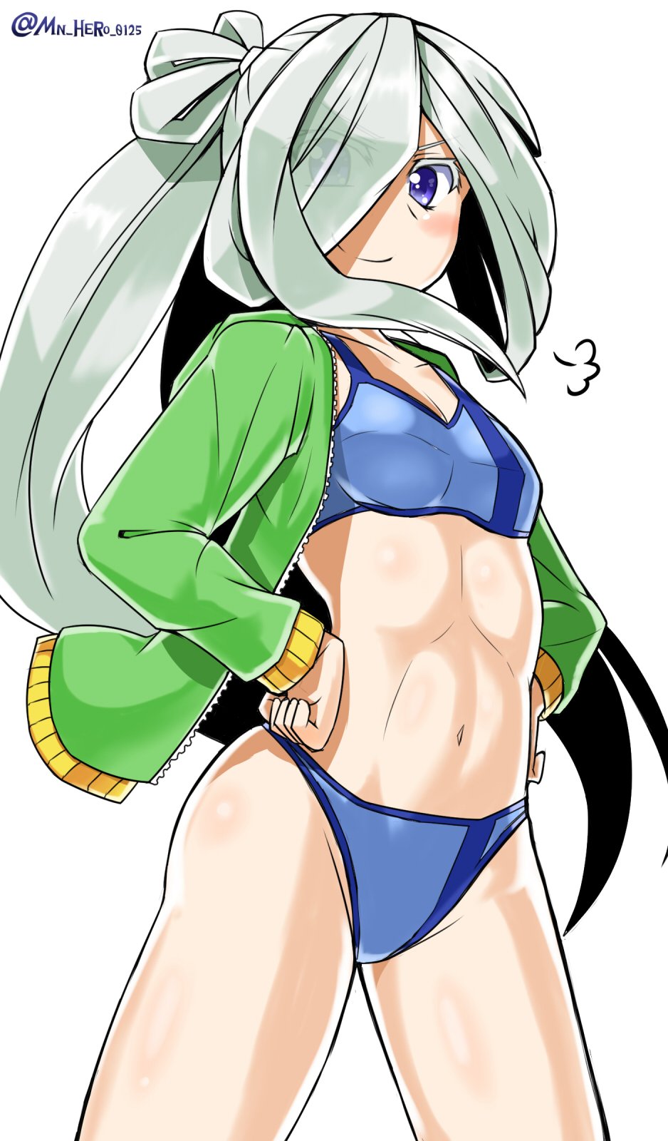 >:), 1girl, asashimo_(kantai_collection), bikini, blue_eyes, blush, breasts, collarbone