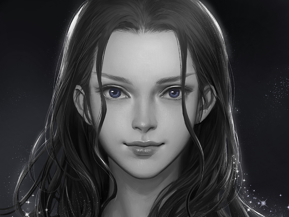 1girl, black_background, black_hair, blue_eyes, cdash817, closed_mouth, eyelashes, face
