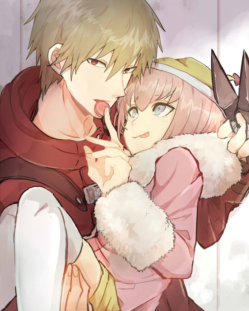 1boy, 1girl, andou_ruruka, blonde_hair, blue_eyes, candy, carrying, dangan_ronpa, dangan_ronpa_3, hat, izayoi_sounosuke, kizami_(hetaisi), kunai, looking_at_another, looking_at_viewer, parted_lips, pink_hair, princess_carry, red_eyes, shorts, smile, thigh-highs, tongue, tongue_out, weapon, white_legwear