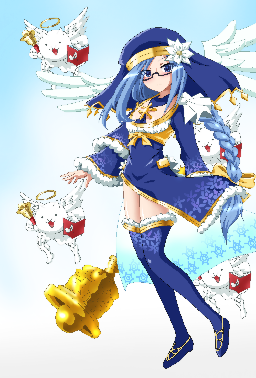 1girl, alternate_costume, angel_wings, bell, blue_eyes, blue_hair, bow, braid