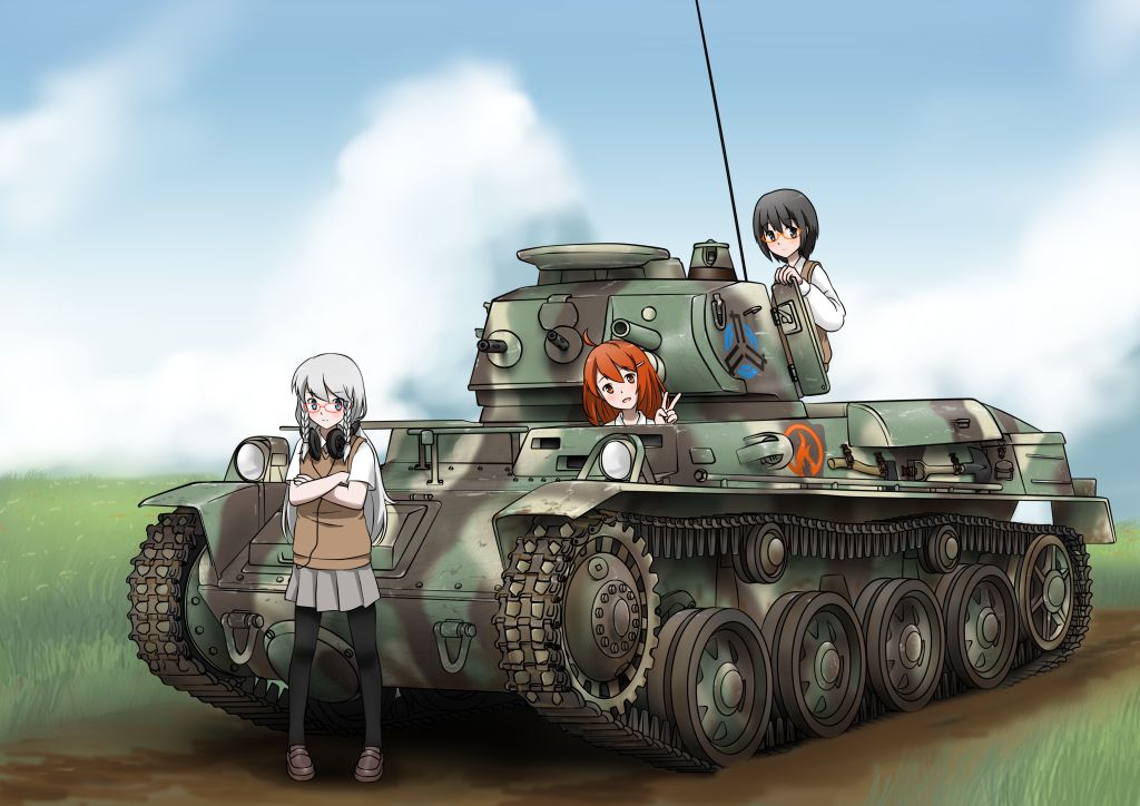 3girls, ahoge, arm_support, axe, black_hair, black_legwear, blue_eyes, brown_eyes