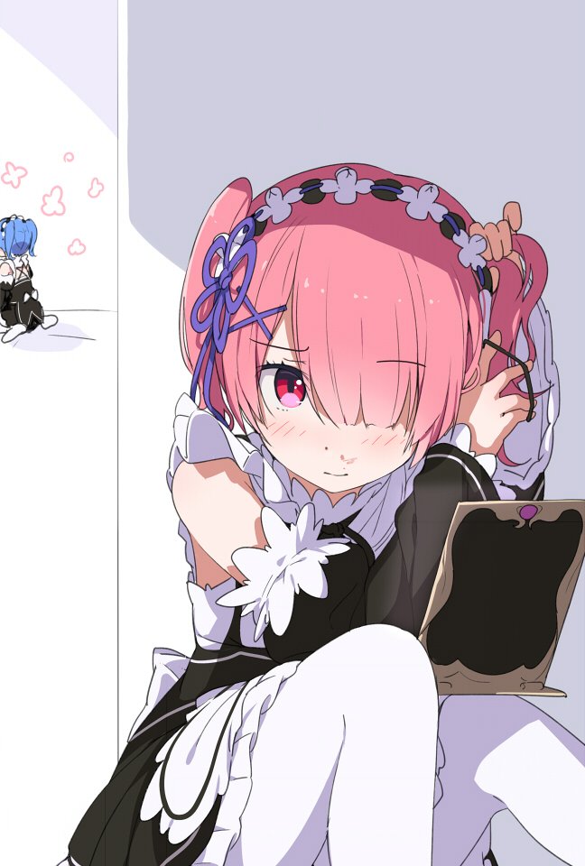 2girls, adjusting_hair, alternate_hairstyle, apron, blush, detached_sleeves, dress, hair_ornament