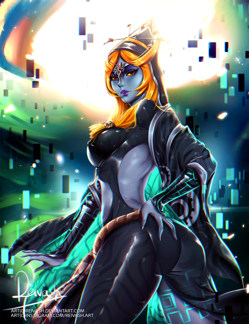 1girl, ass, breasts, eyeshadow, grey_skin, hand_on_hip, highres, lipstick