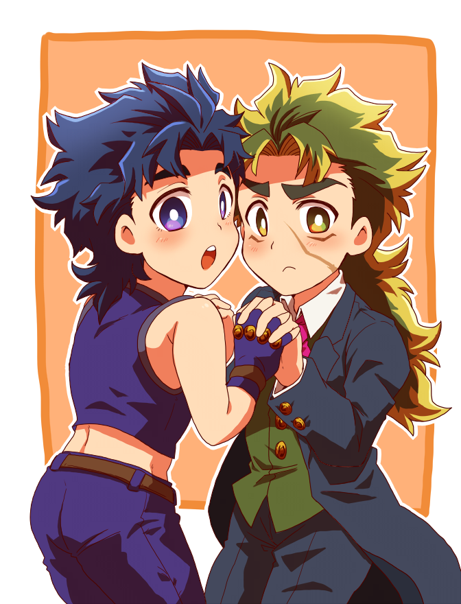 2boys, blonde_hair, blue_hair, coat, crop_top, fingerless_gloves, frown, gloves