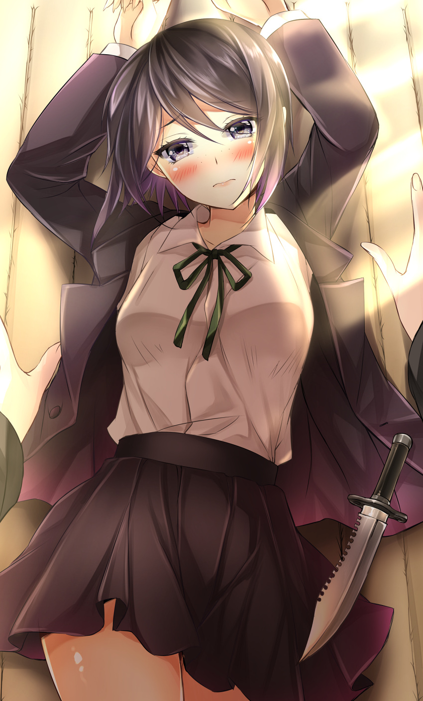 1girl, arms_up, black_eyes, black_hair, blue_eyes, blush, breasts, dangan_ronpa