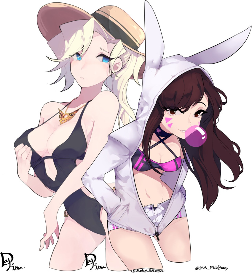 2girls, alternate_costume, animal_ears, animal_hood, bangs, bare_shoulders, bikini, black_swimsuit