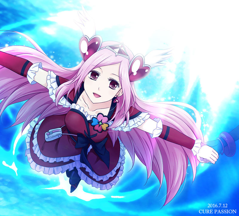 1girl, 2016, :d, black_bow, black_legwear, blue_background, bow, character_name