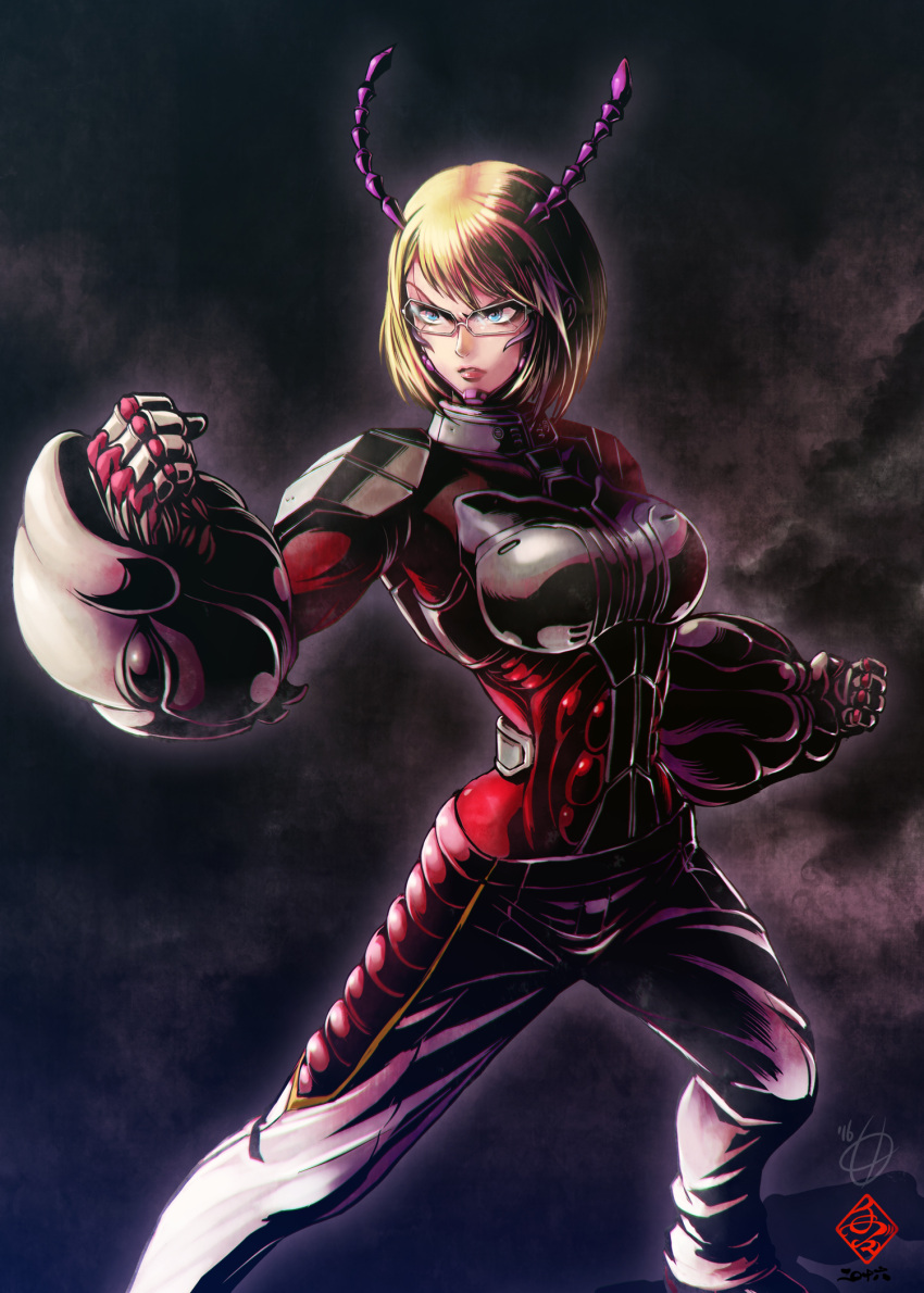 1girl, abs, antennae, biceps, blonde_hair, glasses, highres, michelle_k._davis