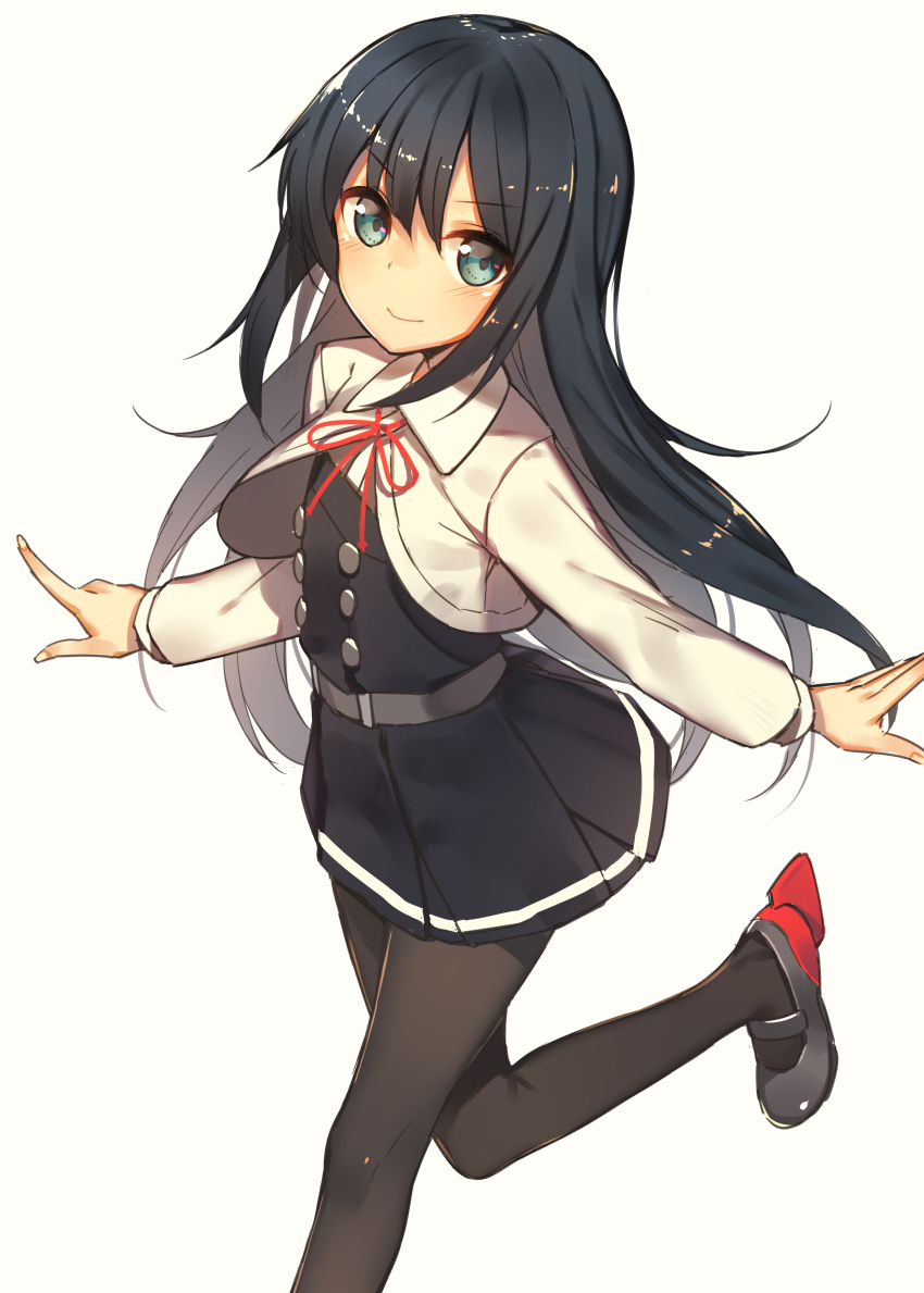 1girl, asashio_(kantai_collection), belt, black_hair, black_legwear, blue_eyes, blush, buttons, dress, eyebrows, eyebrows_visible_through_hair, kantai_collection, long_hair, long_sleeves, looking_at_viewer, moriki, neck_ribbon, one_leg_raised, pantyhose, pinafore_dress, pleated_dress, red_ribbon, remodel_(kantai_collection), ribbon, school_uniform, simple_background, smile, solo, white_background