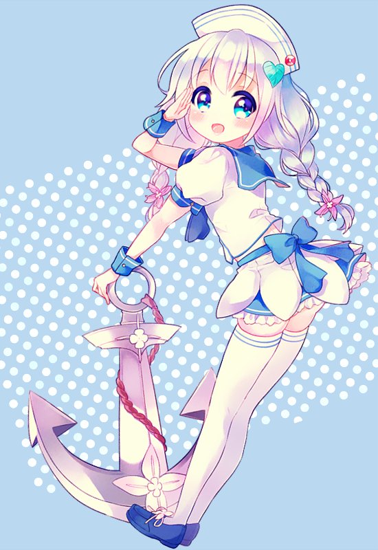 1girl, anchor, blue_background, blue_bow, blue_eyes, blue_shoes, bow, braid
