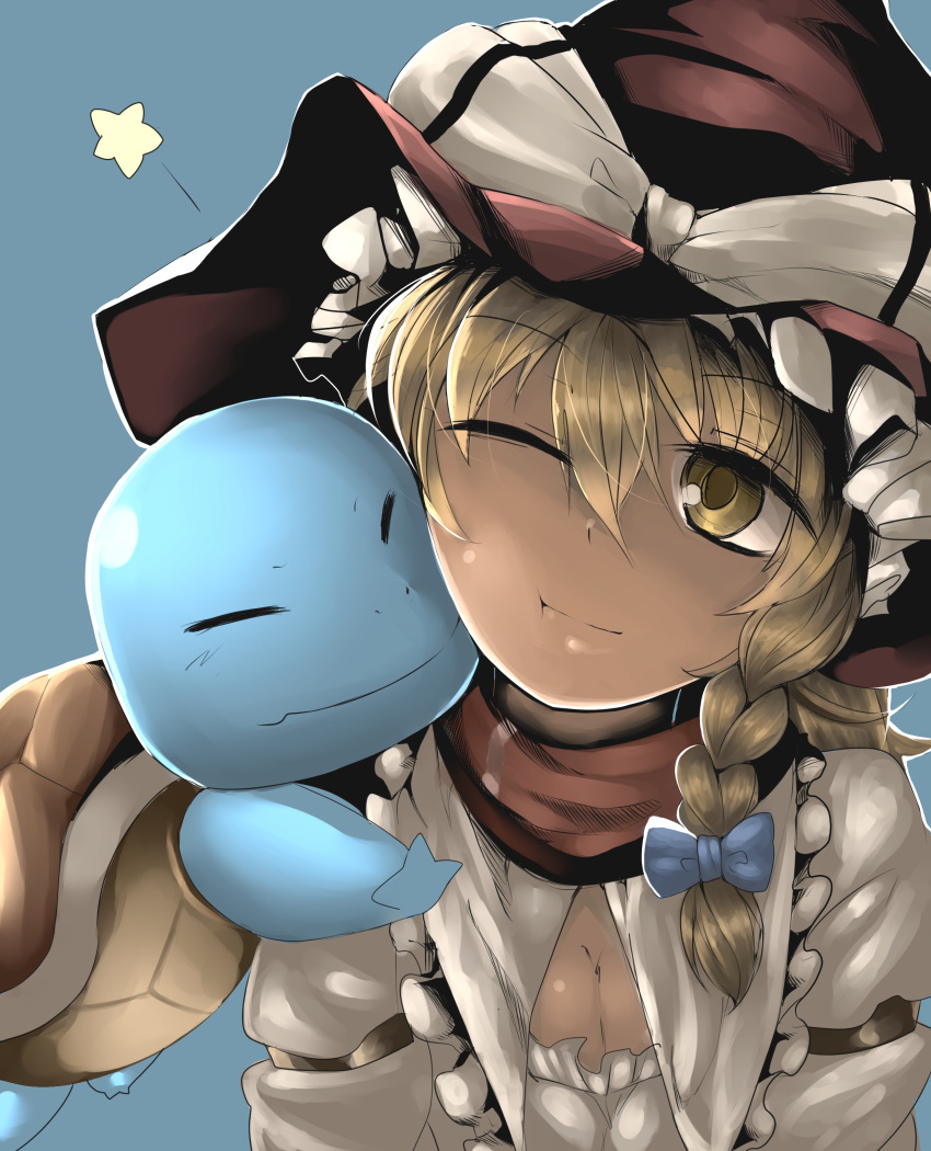 1girl, absurdres, blonde_hair, blue_background, braid, breasts, cookie_(touhou), hat