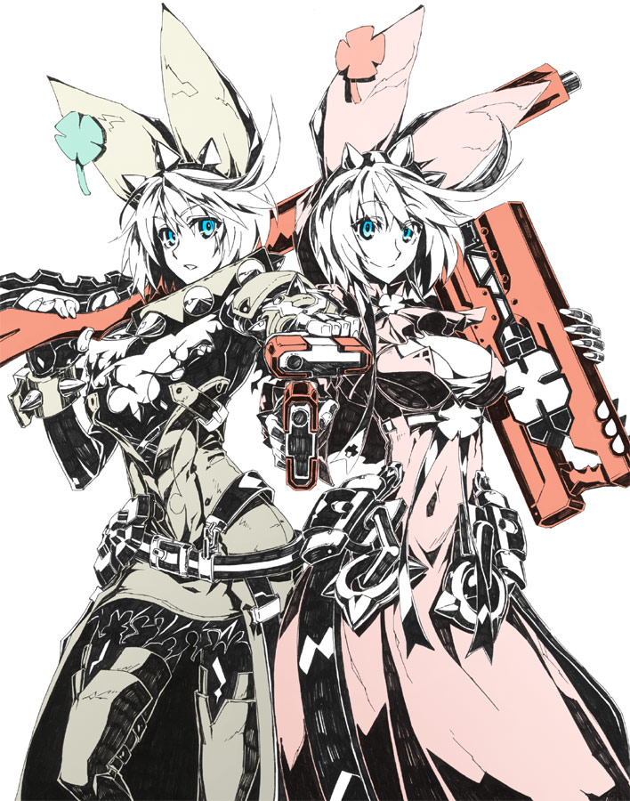 blue_eyes, breasts, cleavage, clover, dress, dual_persona, elphelt_valentine, four-leaf_clover