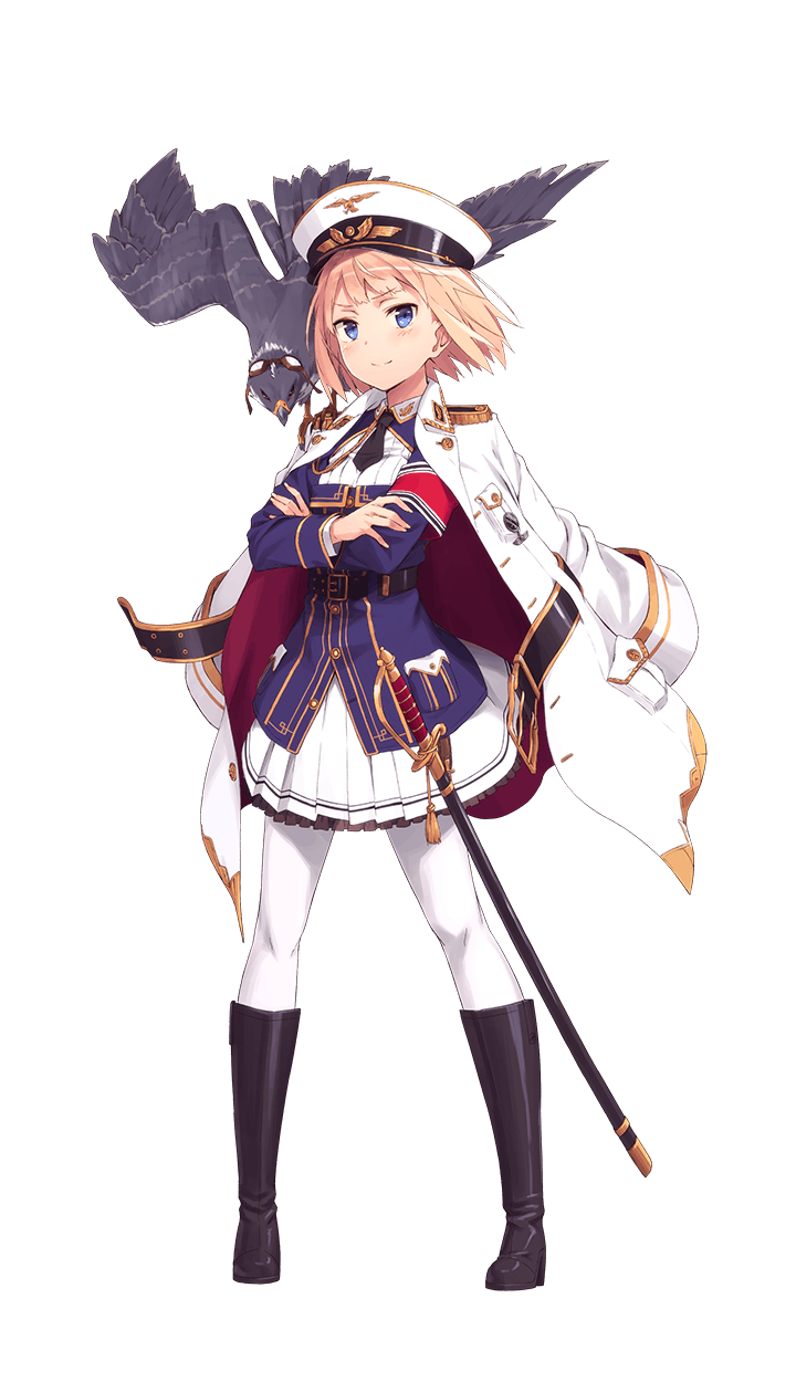 1girl, animal, armband, bird, blonde_hair, boots, eagle, emilia_junkers