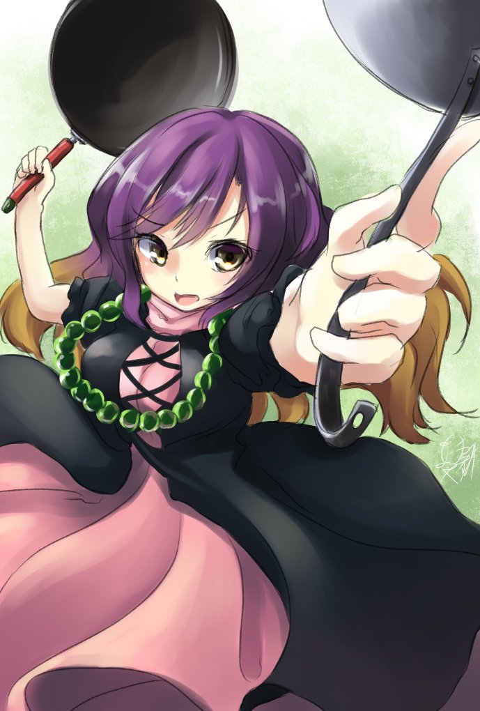 1girl, beads, breasts, brown_eyes, brown_hair, dress, dual_wielding, frying_pan