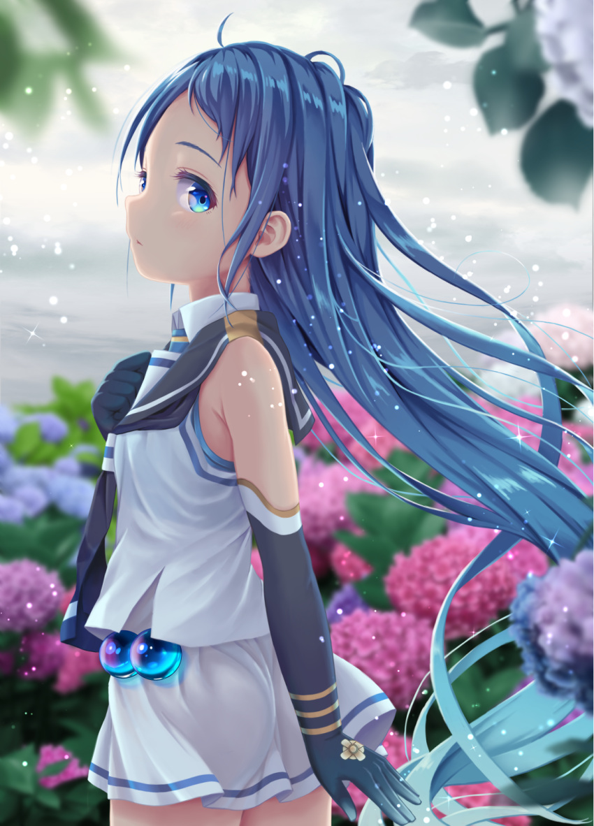 1girl, bangs, bare_shoulders, black_gloves, blue_eyes, blue_hair, elbow_gloves, eyebrows