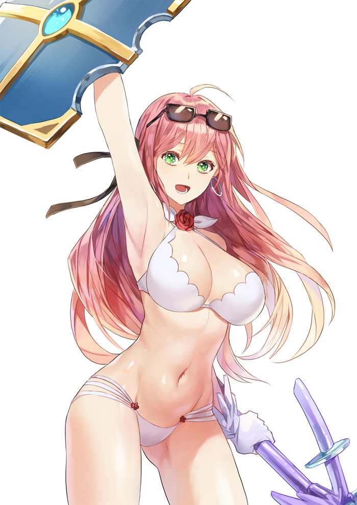 1girl, arm_up, armpits, bikini, breasts, cleavage, dungeon_and_fighter, earrings
