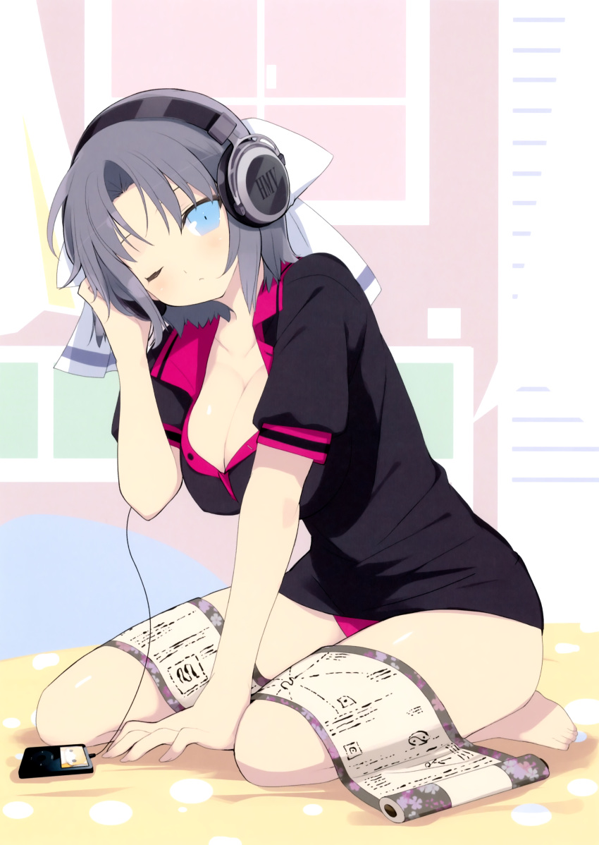 1girl, absurdres, barefoot, blue_eyes, breasts, casual, cleavage, digital_media_player