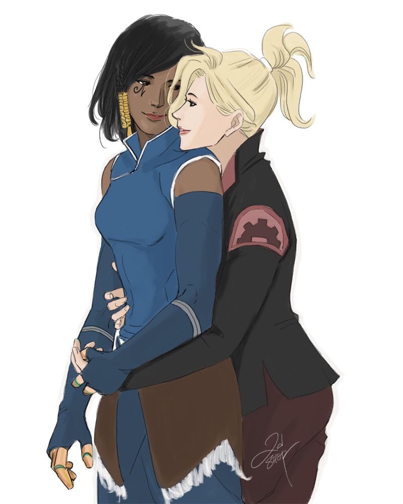 2girls, akagumo, asami_sato, asami_sato_(cosplay), avatar_legends, black_hair, blonde_hair, cosplay