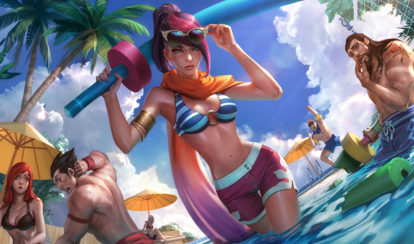 3boys, 3girls, adjusting_sunglasses, arm_floats, arm_tattoo, armlet, ashe_(league_of_legends), beach_umbrella