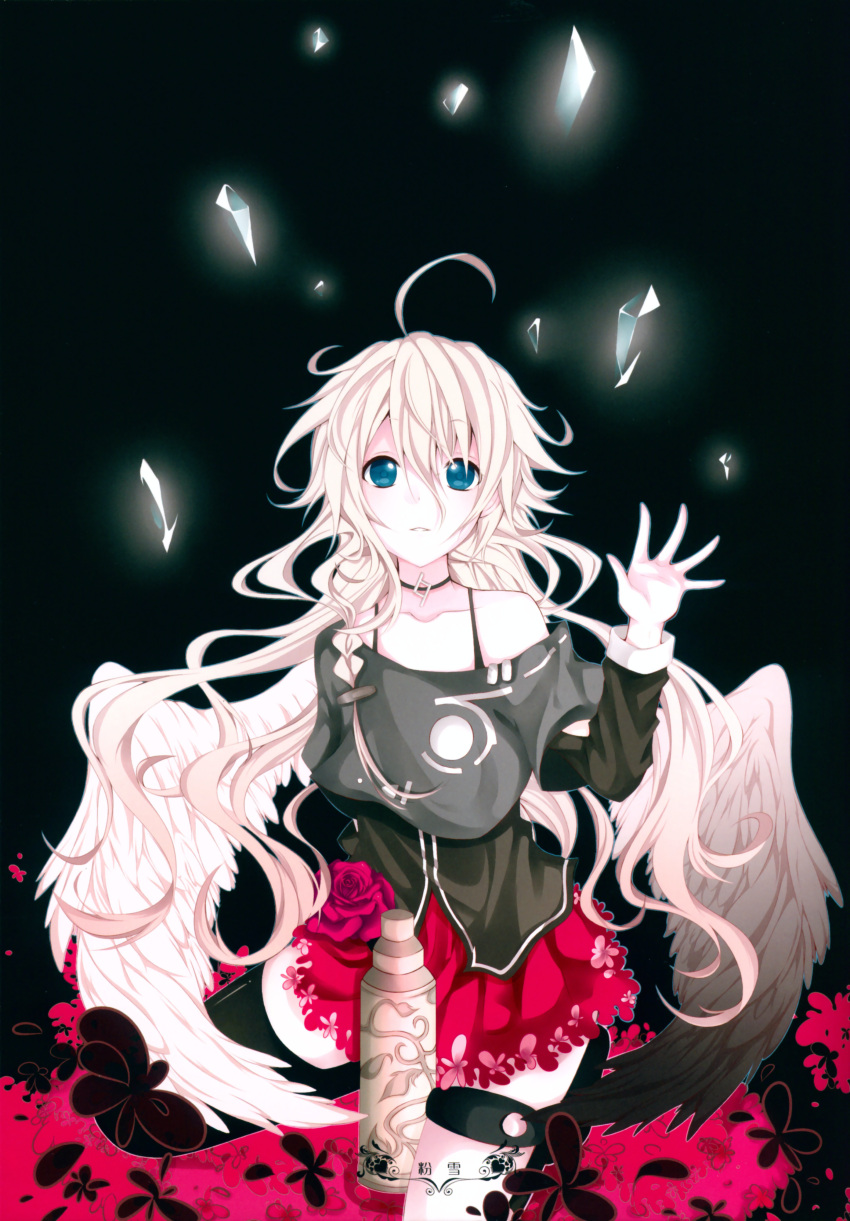 1girl, absurdres, asymmetrical_legwear, black_background, black_legwear, blue_eyes, collar, collarbone